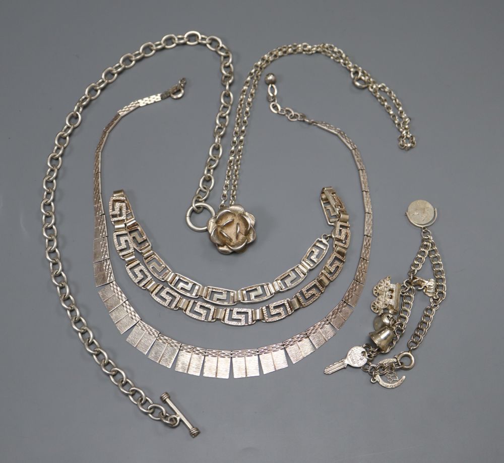 Mixed jewellery including sterling charm bracelet and stylish sterling necklace.